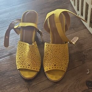 Qupid Yellow Suede Perforated Ankle-Strap Heels